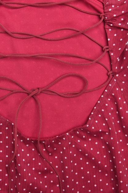 Rode Chiffon Minijurk met Polkadots, Open Rug en Strikjes