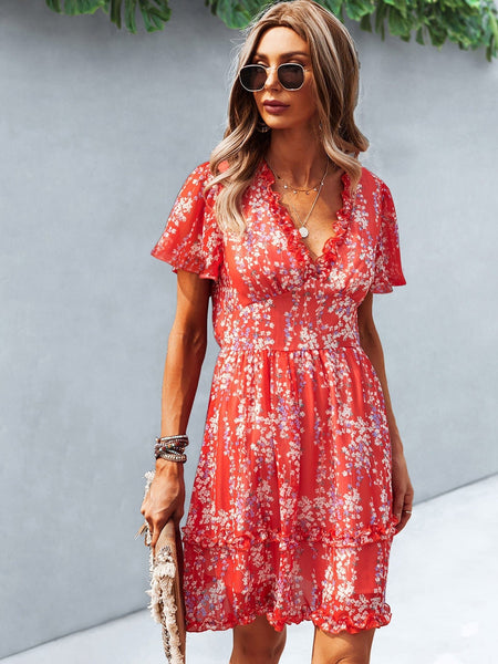 ABYOVRT Zomerjurken Vrouwen Zomerjurk Boho Lange Jurken Boheemse Bloemen Strandjurk V-Hals Casual Jurken Korte Mouw Maxi Jurken