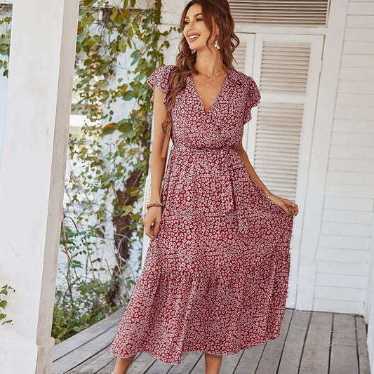 Rood Midi Boho Vakantie jurk Met Printje En V-hals