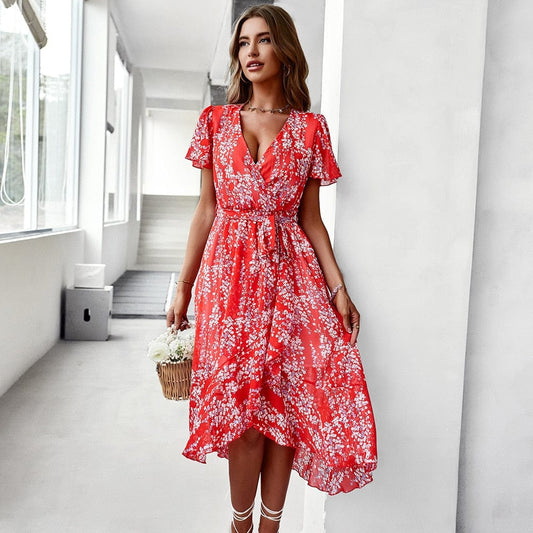 Rood Midi Jurk Met Bohemian Bloemen Print