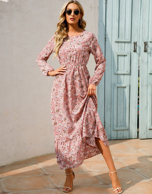 Roze Long Sleeve Maxi Jurk Met Bloemen Print