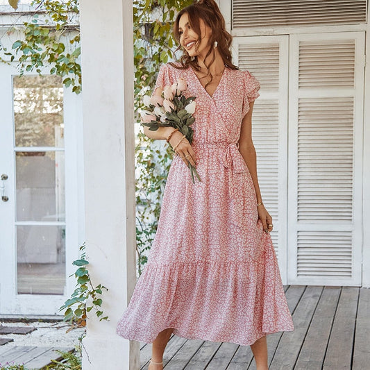 Roze Midi Boho Vakantie jurk Met Printje En V-hals