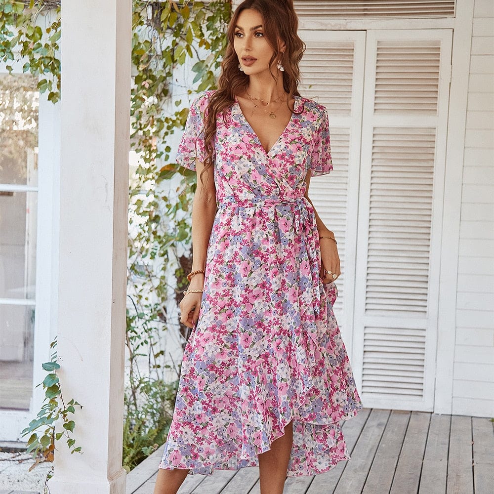 Roze Midi Jurk Met Bohemian Bloemen Print