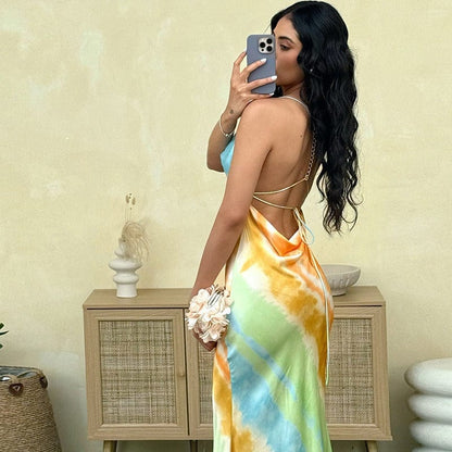 Satin Backless V-hals Slingjurk Kleurrijk