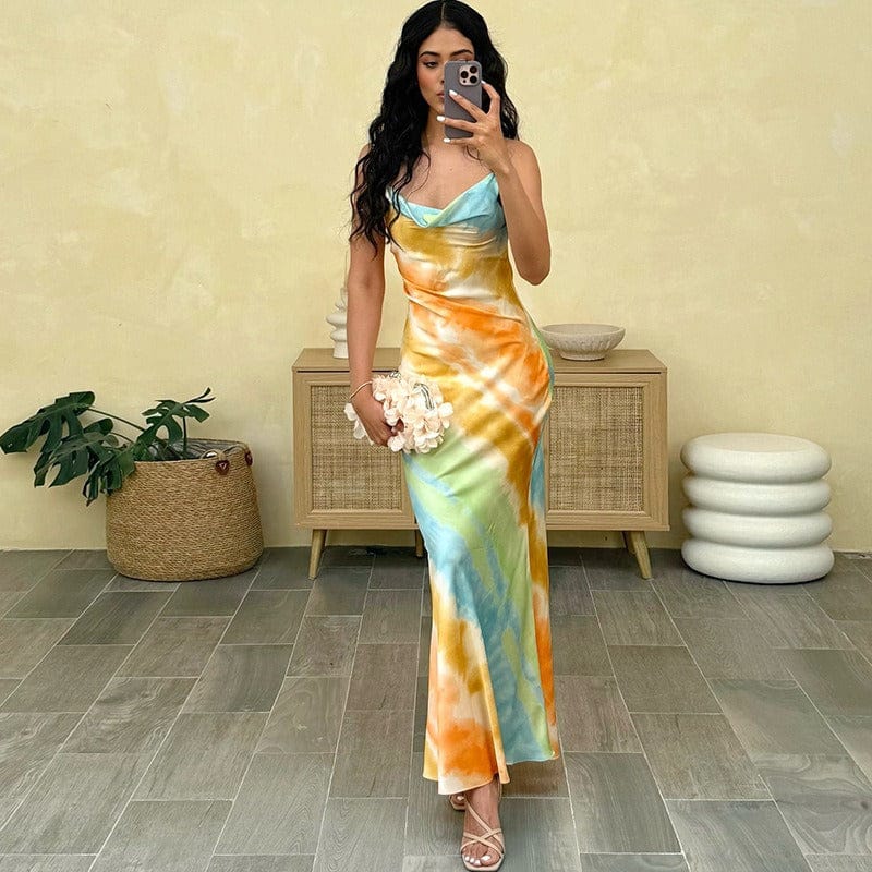 Satin Backless V-hals Slingjurk Kleurrijk