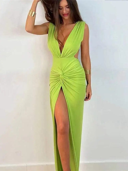 Sexy Deep V-neck Pleated Split Maxi Dress Women Elegant Sleeveless Backless Knot Bodycon Dresses Summer Lady Solid Street Robes