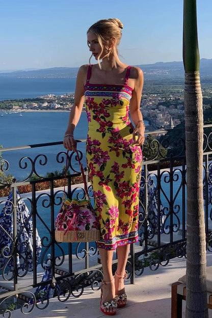 Slim Fit Midi Jurk met Etnische Print en Overslag Geel