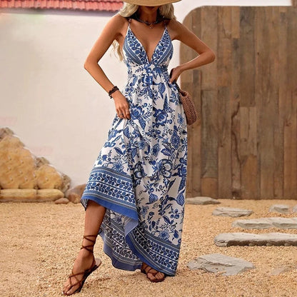 Spaghettibandjes jurk met blauwe bloemenprint – Ibiza Vibe