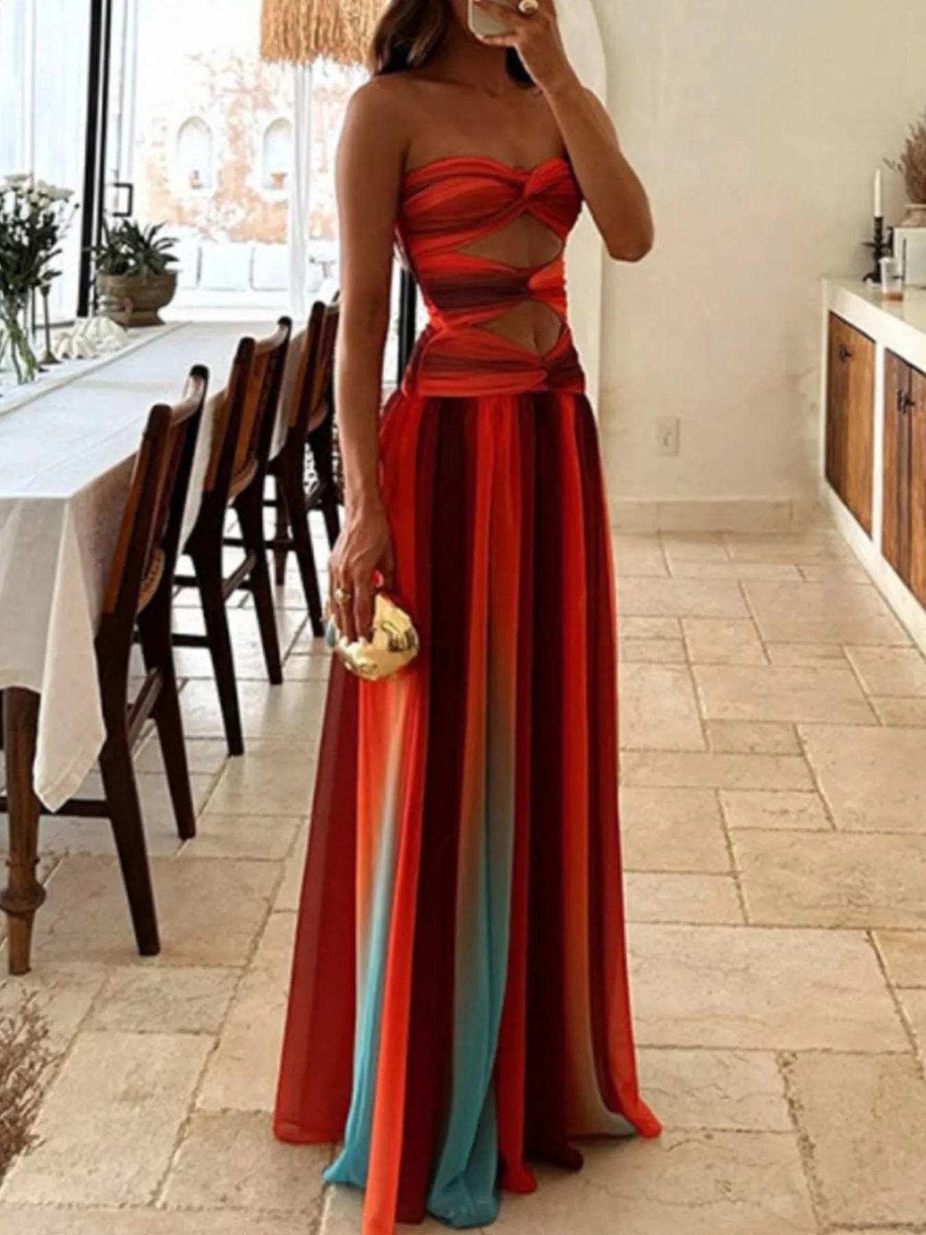 Strapless Maxi-jurk met gedraaide uitsnijding en regenboogverloop