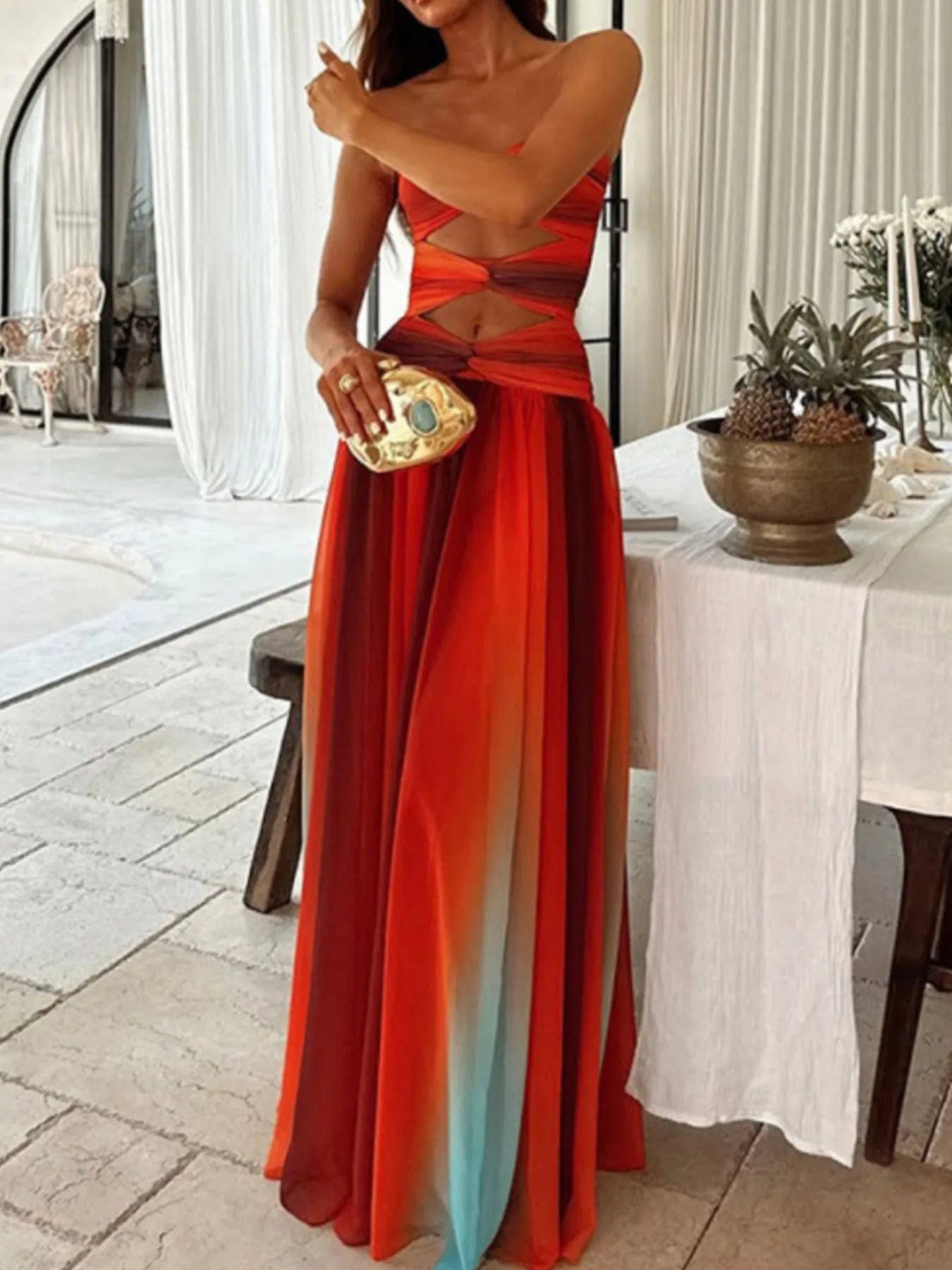 Strapless Maxi-jurk met gedraaide uitsnijding en regenboogverloop