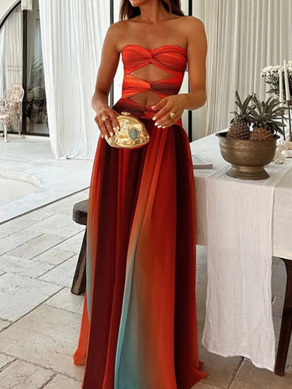 Strapless Maxi-jurk met gedraaide uitsnijding en regenboogverloop