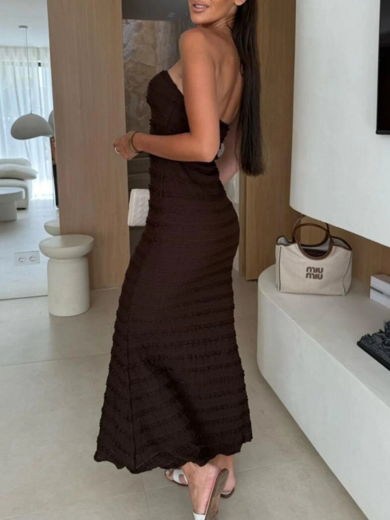 Strapless Maxi-jurk met plooien en uitsnijding