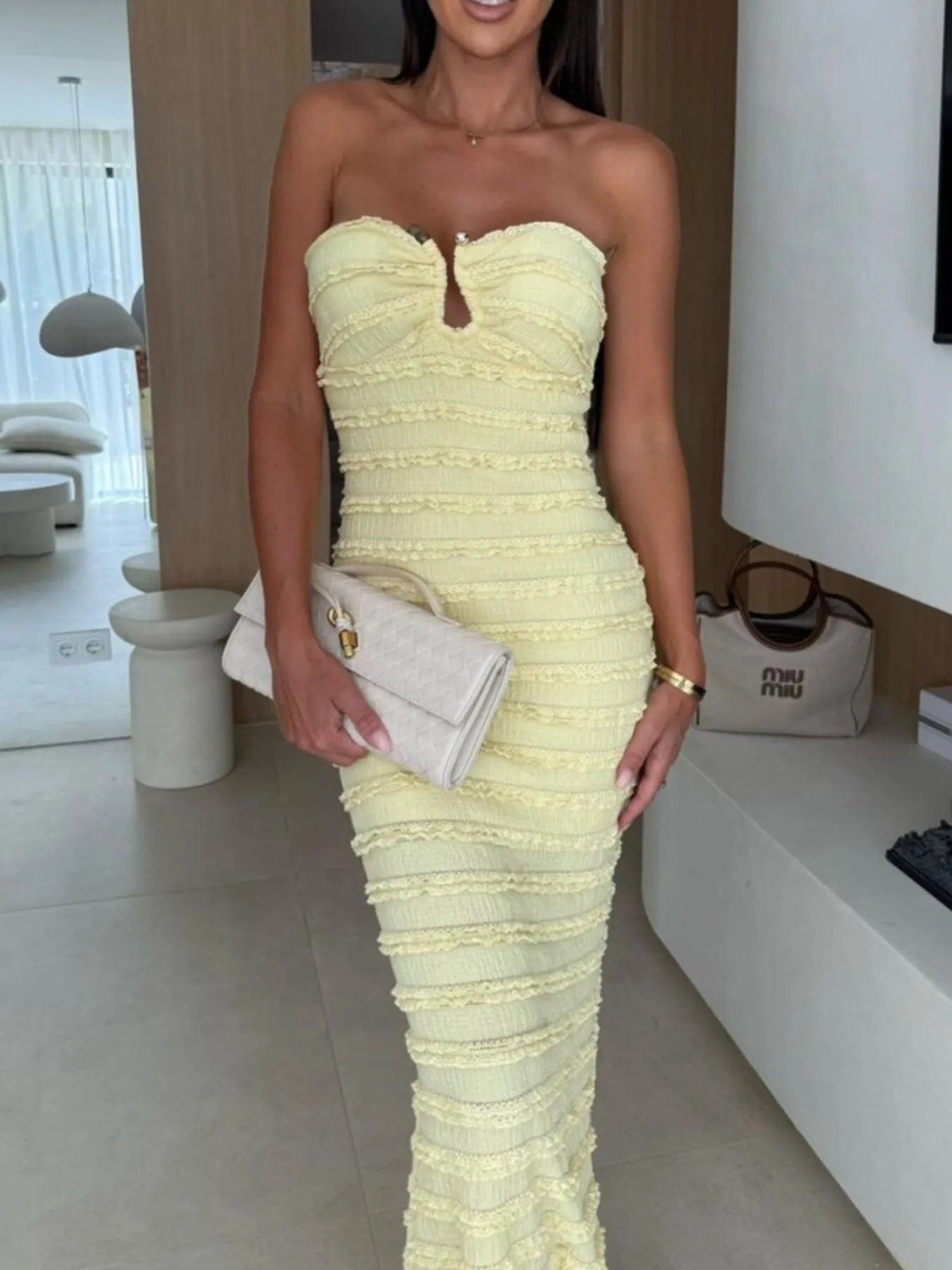 Strapless Maxi-jurk met plooien en uitsnijding