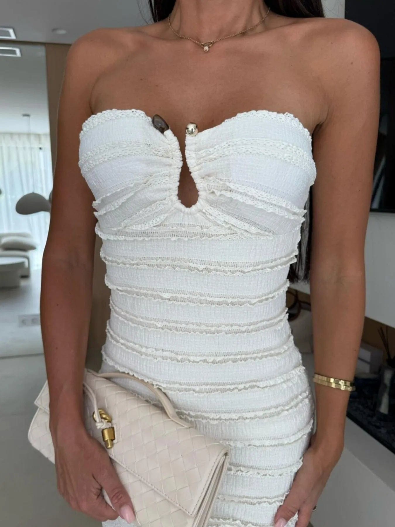 Strapless Maxi-jurk met plooien en uitsnijding