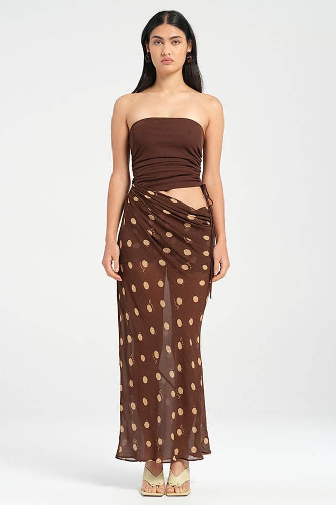 Strapless maxi-jurk met polkadot patchwork en slanke pasvorm