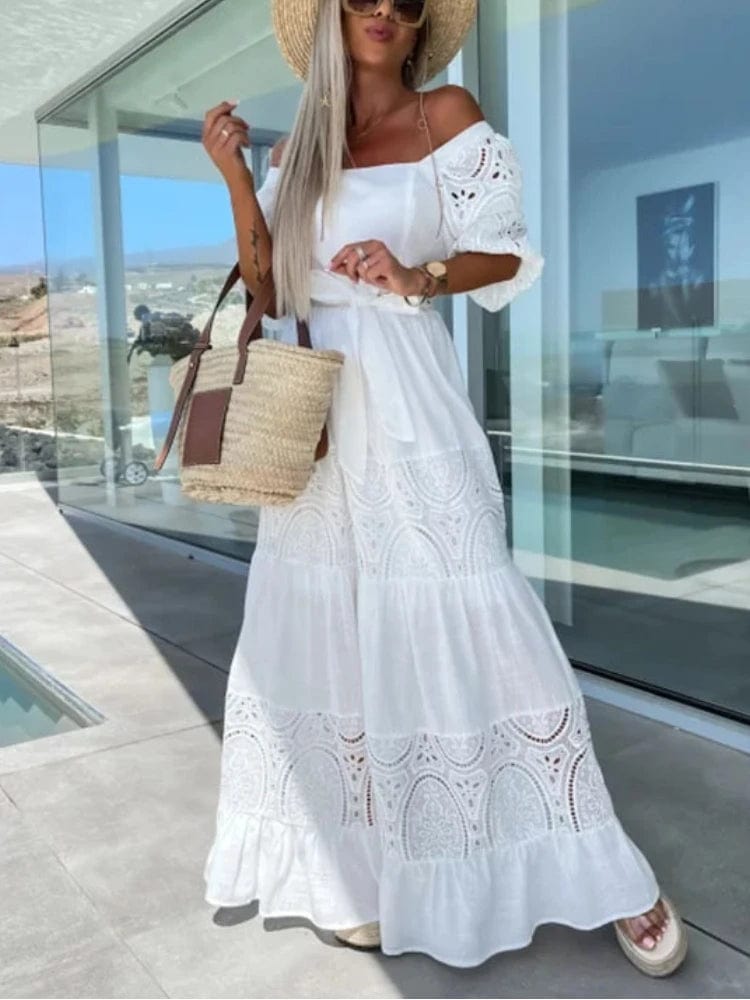 Summer Women Long Dress with Belt White Lace Hollow Out Square Collar Short Sleeve Holiday Party Dresses Maxi Dress for Women
