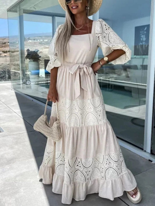 Summer Women Long Dress with Belt White Lace Hollow Out Square Collar Short Sleeve Holiday Party Dresses Maxi Dress for Women