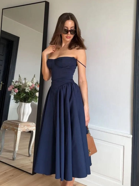 Summer Women Spaghetti Strap Solid Midi Dress Elegant Backless Sleevelss Large Hem A-line Dresses 2024 Lady Party Evening Robes