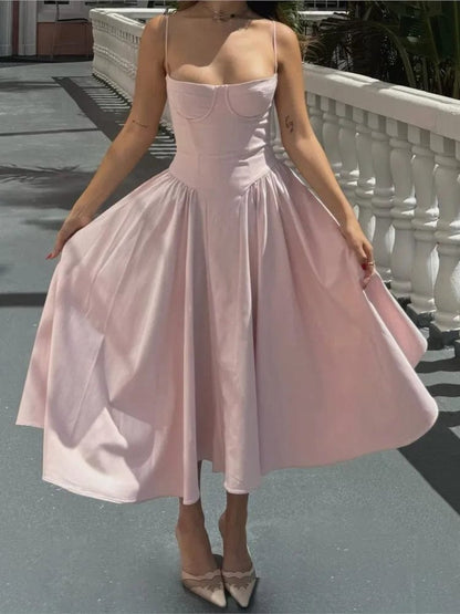 Summer Women Spaghetti Strap Solid Midi Dress Elegant Backless Sleevelss Large Hem A-line Dresses 2024 Lady Party Evening Robes