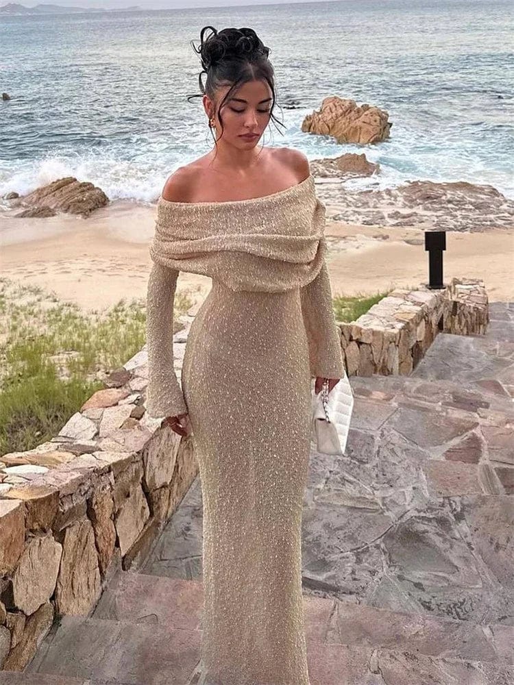 Tossy Knit Hollow Out Off-Shoulder Maxi Dress Female Cover up Loose Long Sleeve Holiday Beach Party Dress Women Knitwear Dress