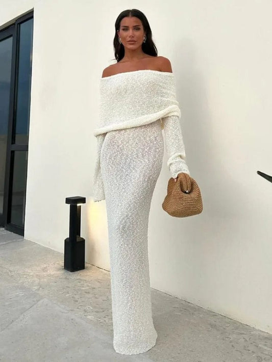 Tossy Knit Hollow Out Off-Shoulder Maxi Dress Female Cover up Loose Long Sleeve Holiday Beach Party Dress Women Knitwear Dress