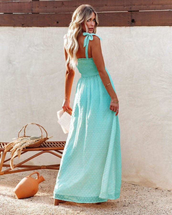 Turquoise Feestelijke Ibiza Stijl Maxi Jurk Met Strikjes