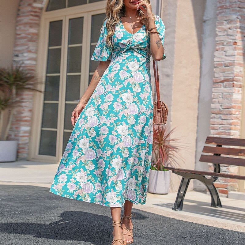 Turquoise Midi Jurk Met Zomerse Bloemenprint