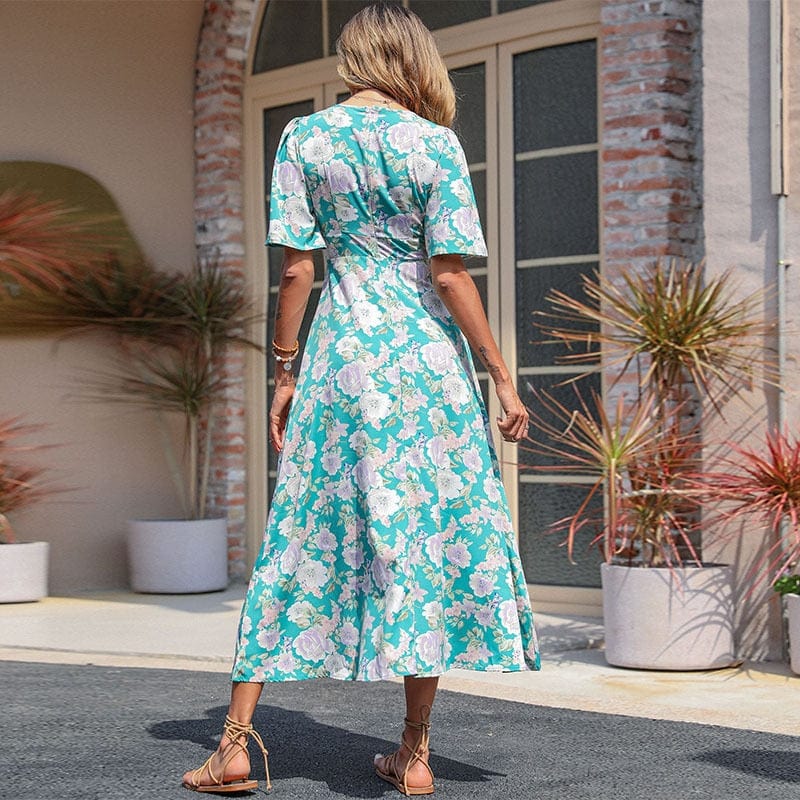 Turquoise Midi Jurk Met Zomerse Bloemenprint