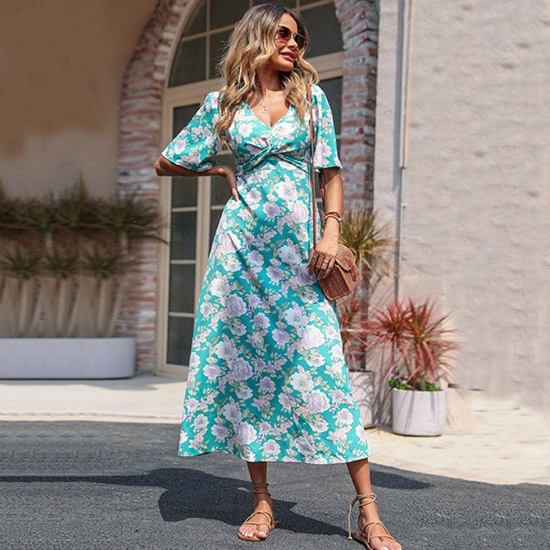 Turquoise Midi Jurk Met Zomerse Bloemenprint