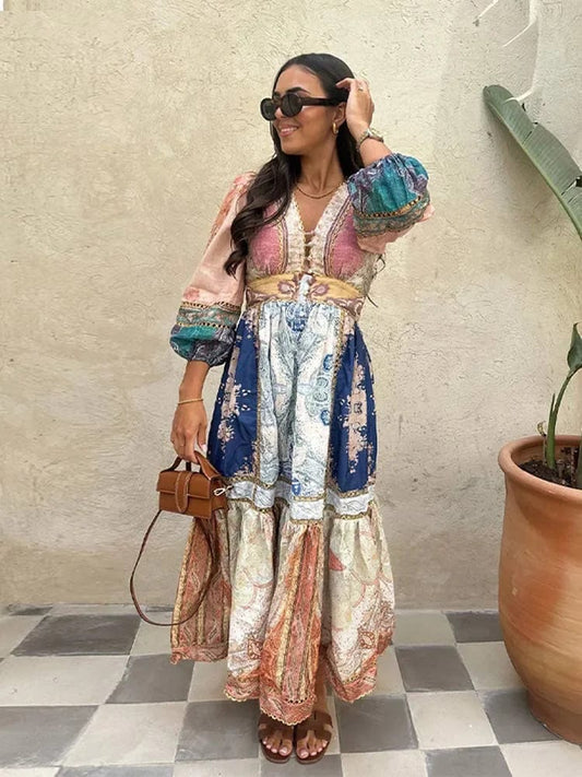 Vintage Printed Patchwork Hollow Out Women's Maxi Dress Fashion V Neck Puff Sleeved Long Dresses New Female Highstreet Vestidos