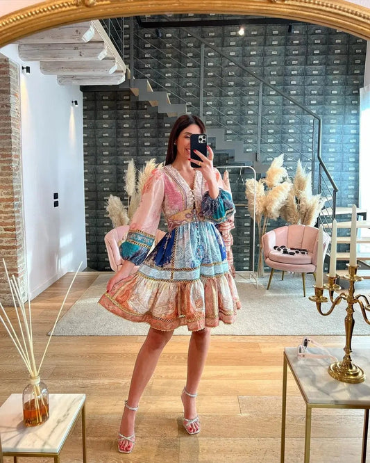 Vintage Printed Patchwork Hollow Out Women's Maxi Dress Fashion V Neck Puff Sleeved Long Dresses New Female Highstreet Vestidos