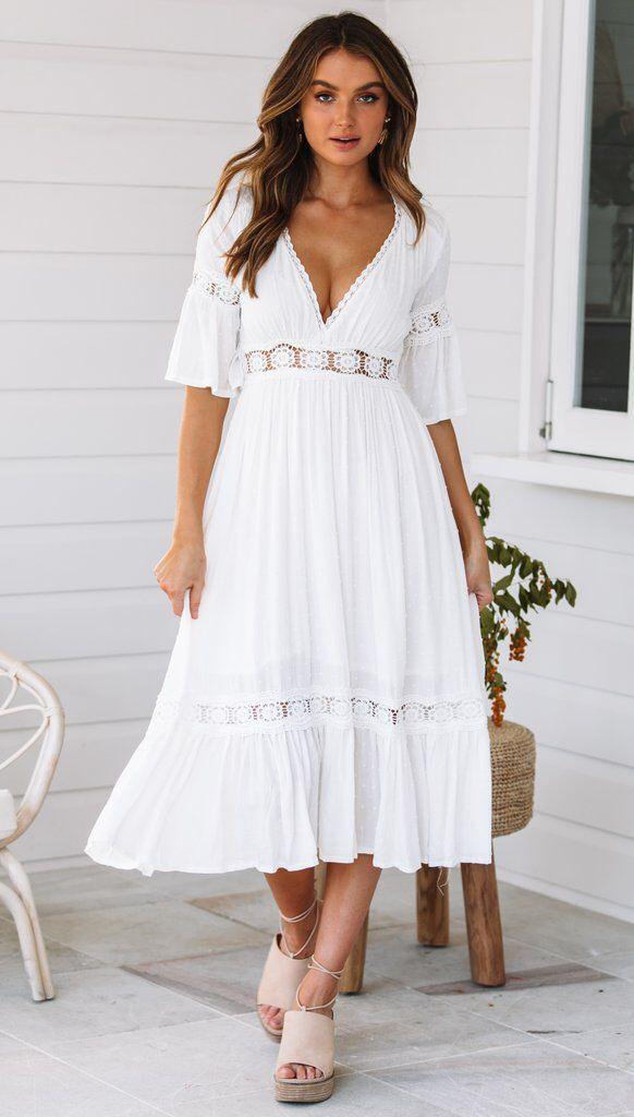 Witte Boho Midi Jurk