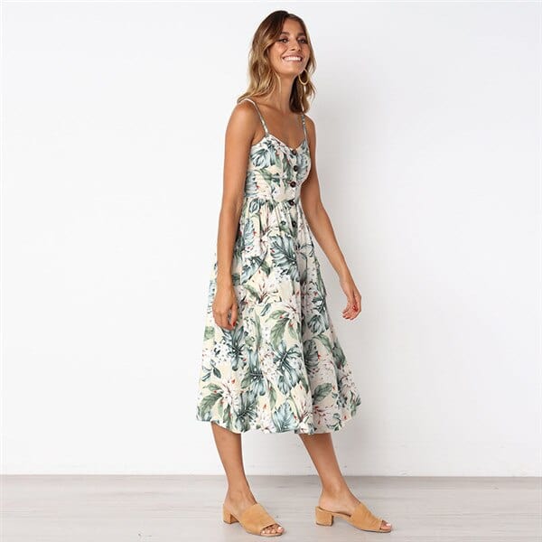 Witte Boho Midi Jurk met Bloemen en Spaghettibandjes