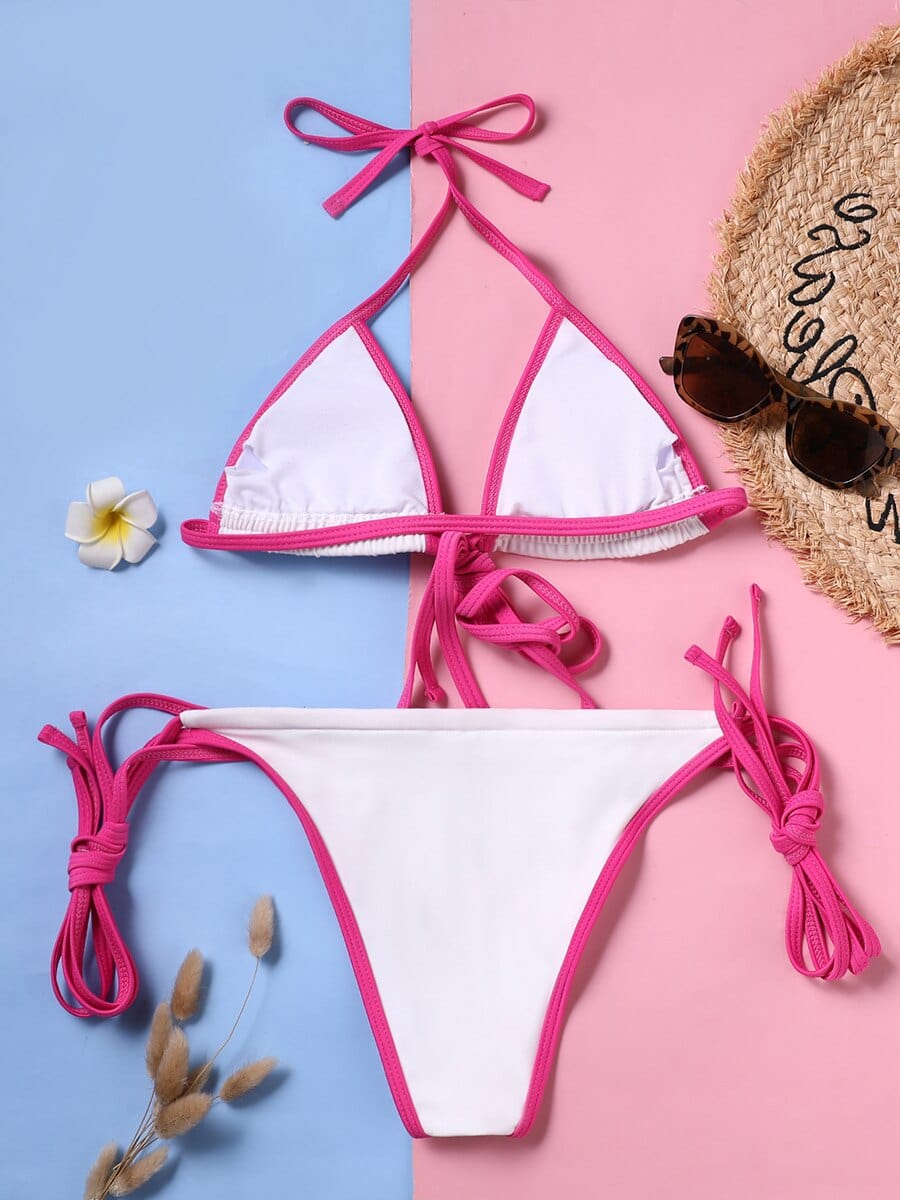 Witte Ibiza Bikini met Roze Randen en Touwtjes