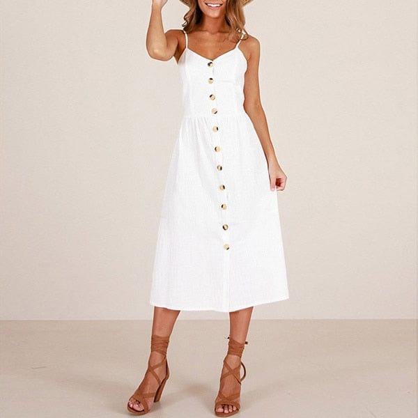 Witte Midi Ibiza Stijl Jurk Met Sier Knoopjes