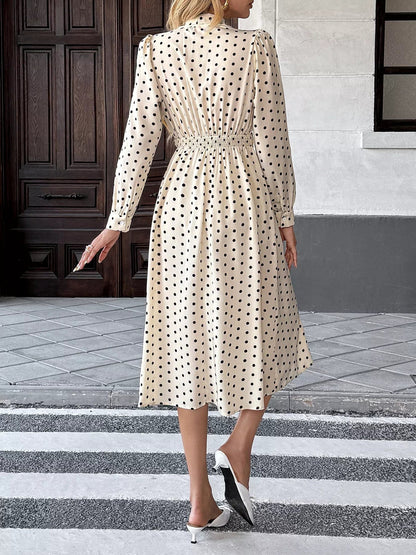 Witte midi-jurk met polkadot en knoopsluiting van katoenmix