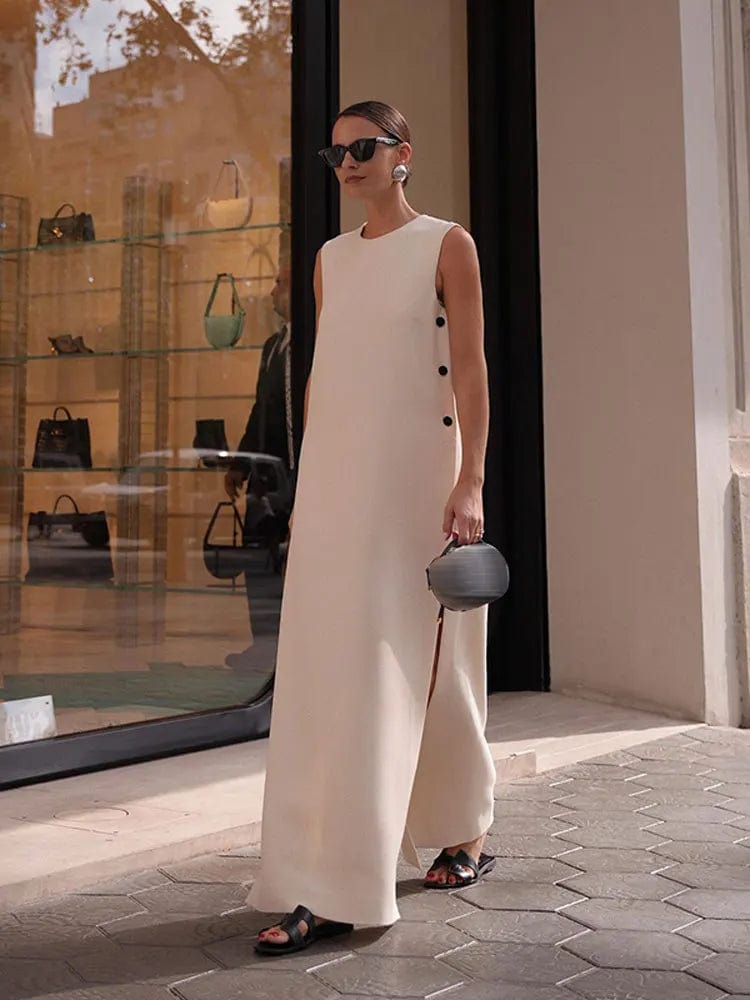 Women Elegant Side Buttons Split Maxi Dress Fashion O-neck Sleeveless Solid Dresses Summer Female Casual Loose Street Robes