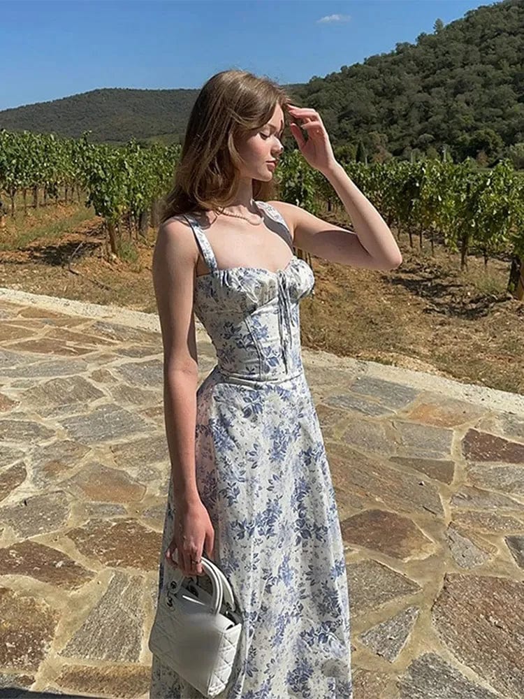 Delft Blauwe Midi Jurk Met Corset Top – Ibiza Vibe