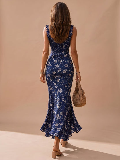 Bohemian bloemenprint midi-jurk voor dames in zijaanzicht