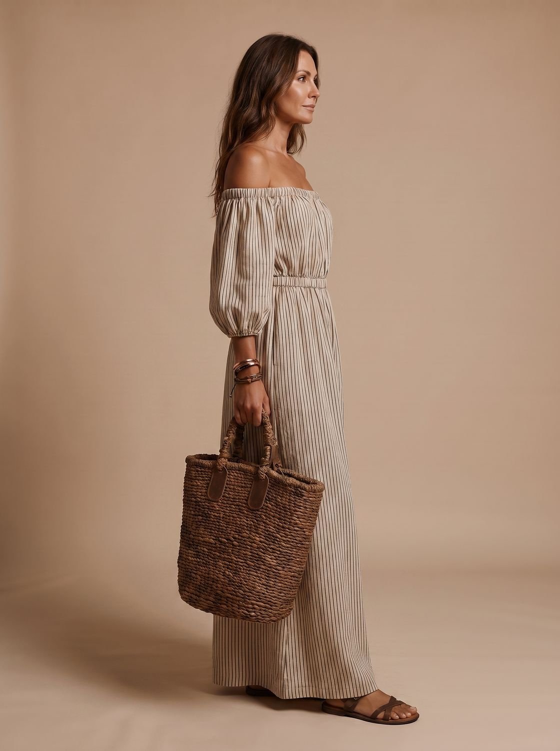 Zijaanzicht van de luchtige off-shoulder maxi-jurk voor dames.