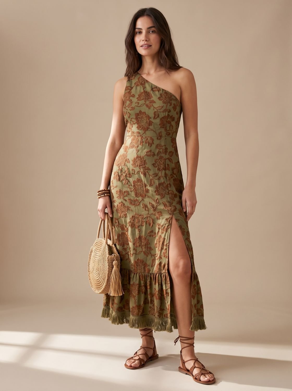 Dames maxi jurk met bloemenprint en één schouder