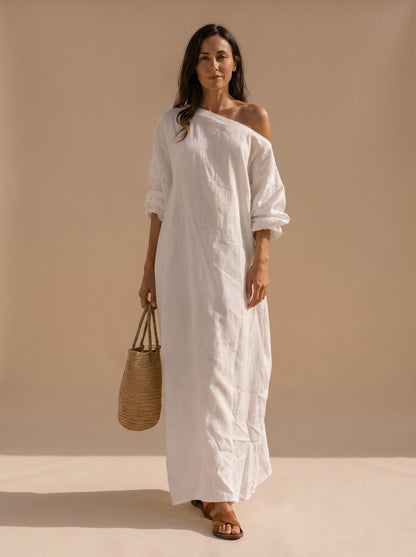Dames bohemian linnen maxi jurk met elegante één-schouderpasvorm