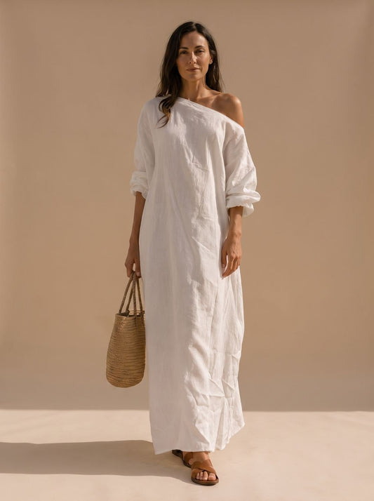 Dames bohemian linnen maxi jurk met elegante één-schouderpasvorm