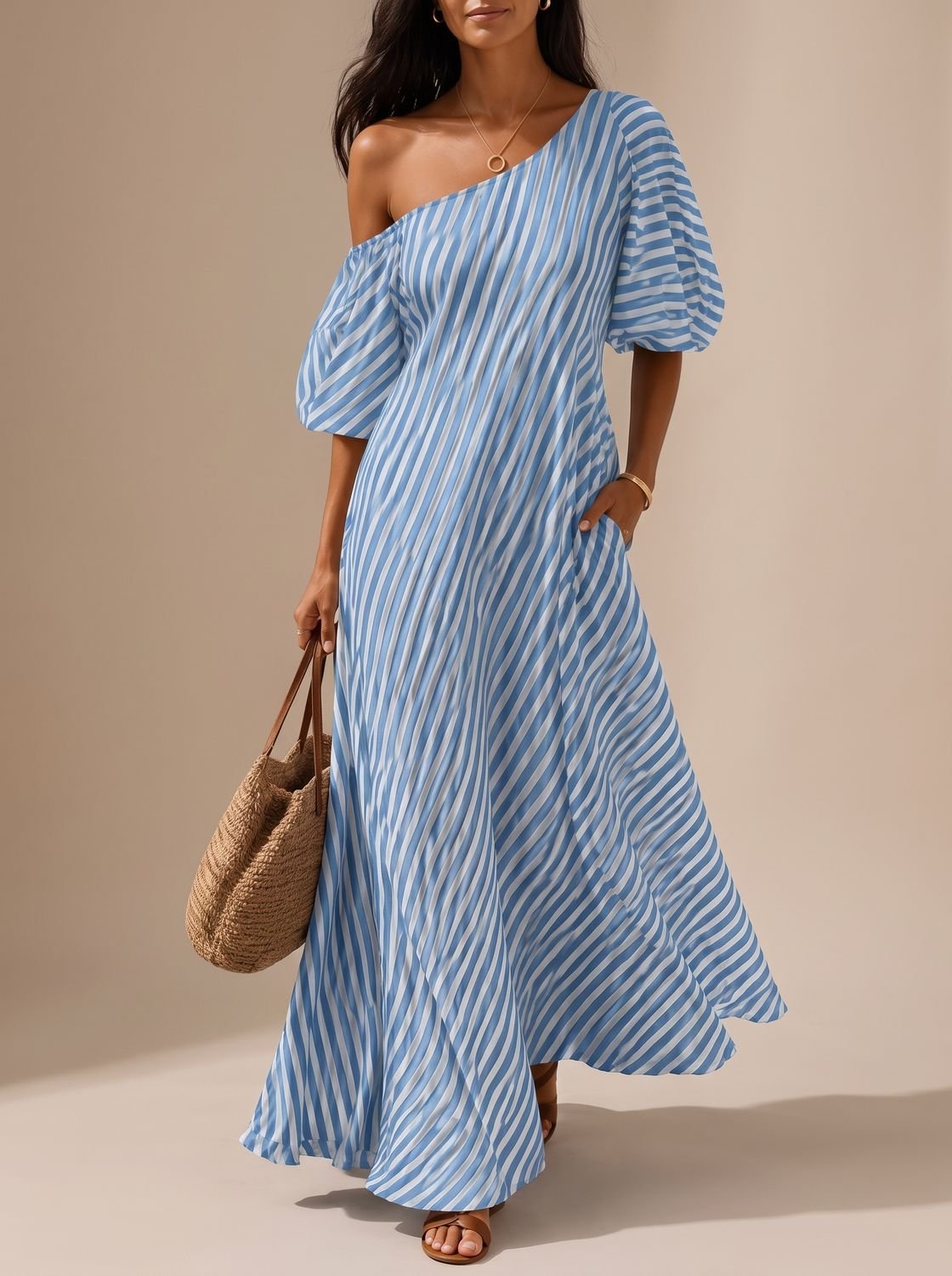 Dames bohemian maxi jurk met één schouder en gestreept patroon