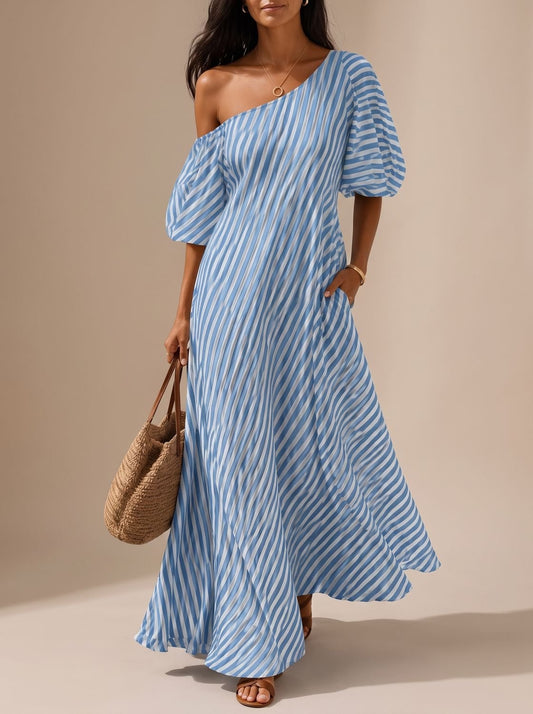 Dames bohemian maxi jurk met één schouder en gestreept patroon