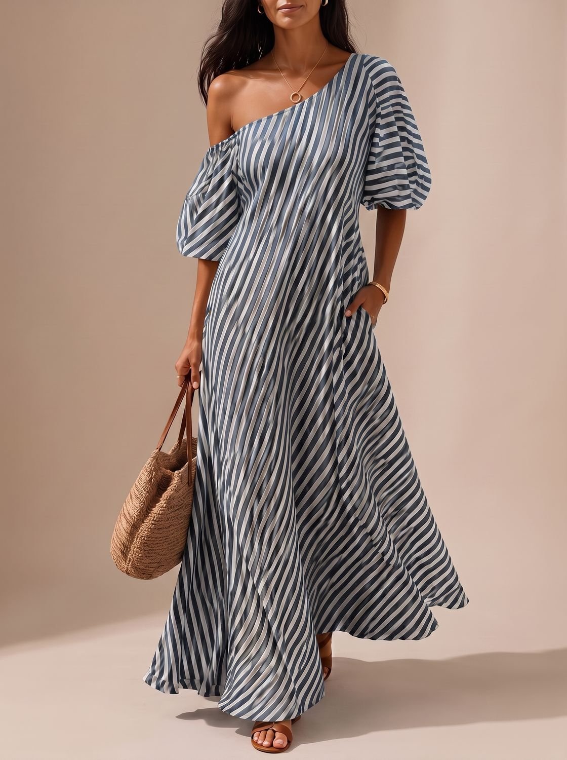 Dames Bohemian Gestreepte Maxi Jurk Met Eén Schouder