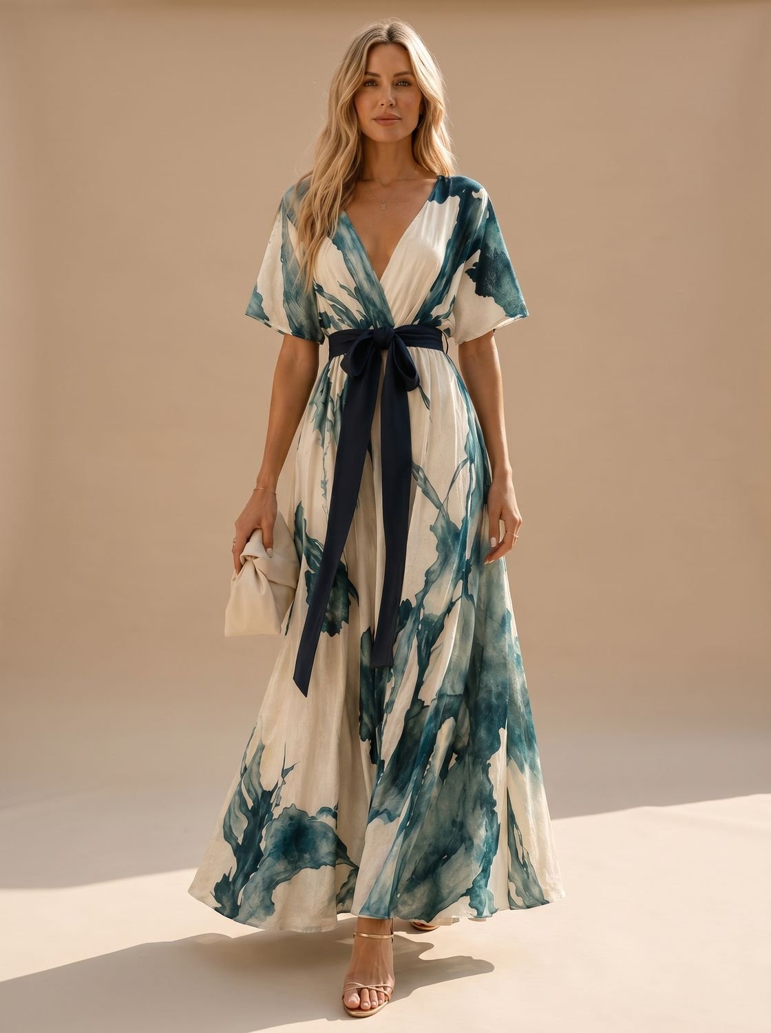 Damesmodel draagt een bohemian maxijurk met aquarelprint en V-hals