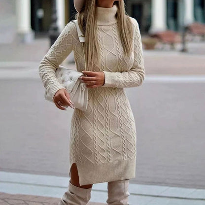 Dames midi jurk met hoge col en lange mouwen van gebreid materiaal