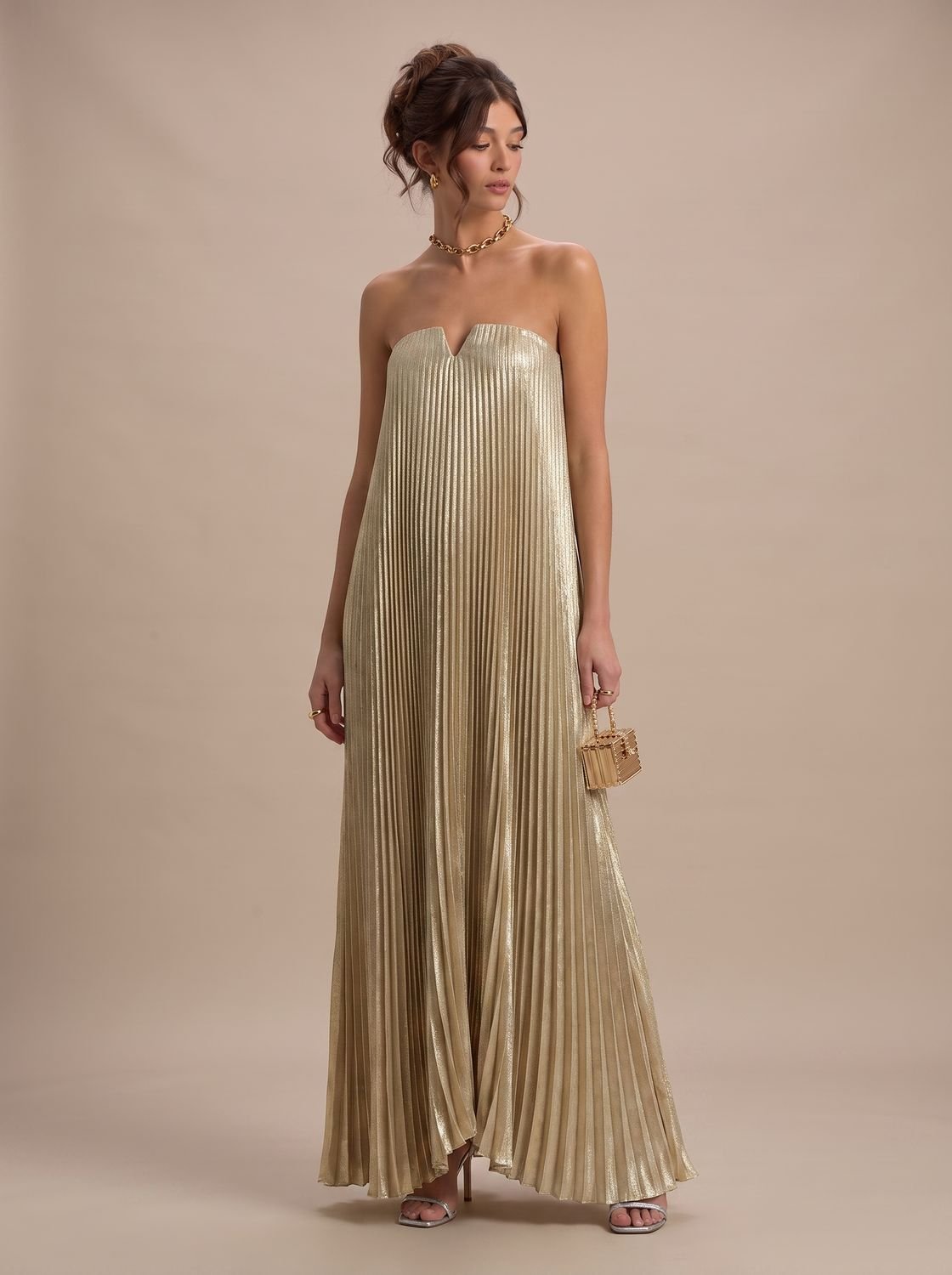Dames Metallic Maxi-jurk Met Plooien