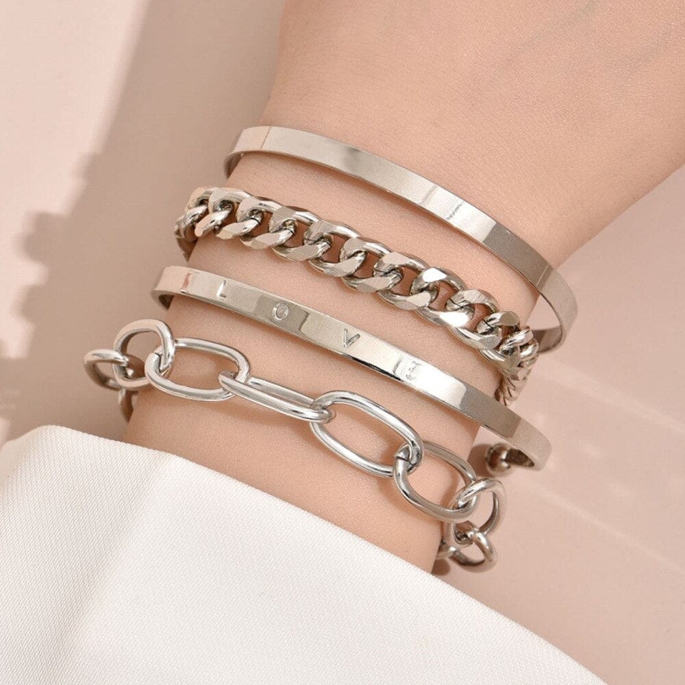 Zilveren Dikke Armbanden Set Met Love